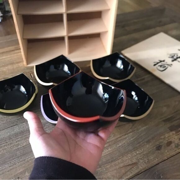 Asian Small Cup Set of 6 black with color trim - Picture 6 of 13